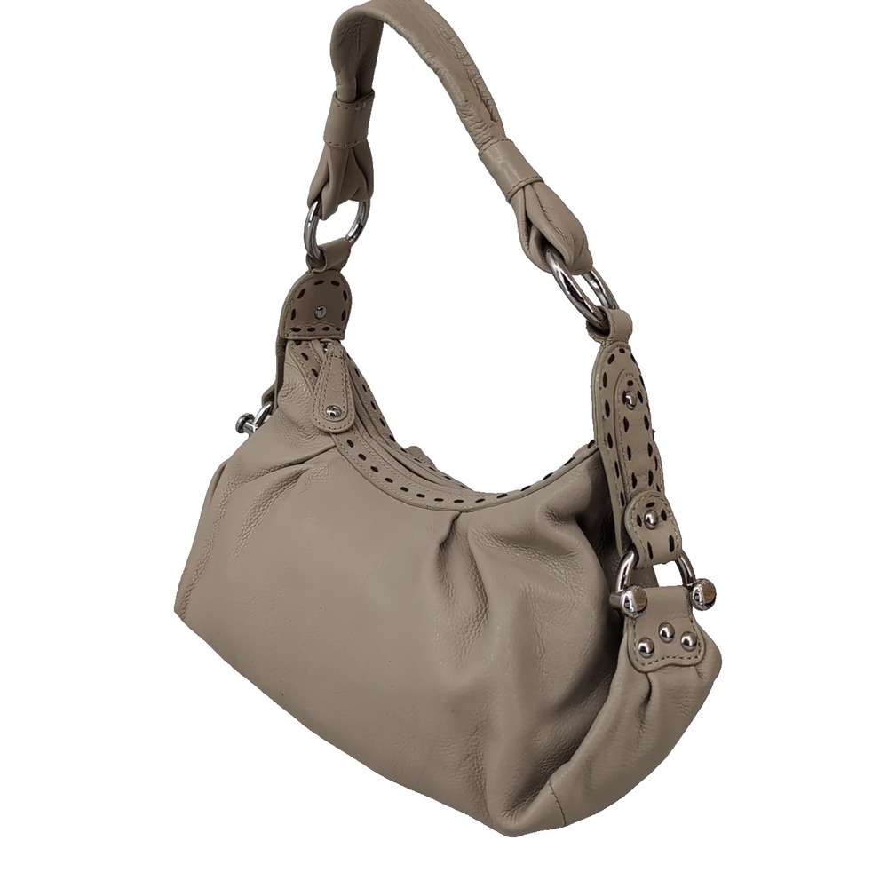 BCBG Max Azria Beige Pebbled Leather Hobo Bag Whipstitch Silver Hardware Taupe